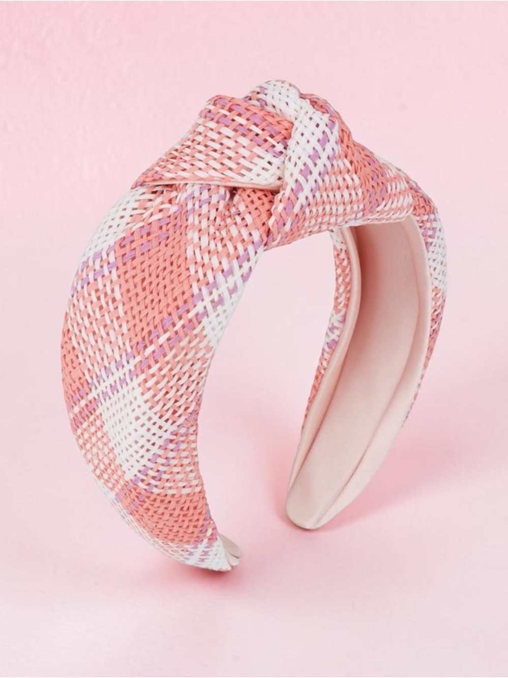 New! Pink Multi Plaid Basket Weaved Knotted Headband (NWT) - Picture 2 of 4